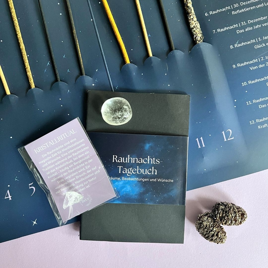 Rauhnächte Räucherstäbchen Geschenk-Set | 12 Räucher-Stäbchen | Rauhnachts-Tagebuch | Bergkristall Armband Geschenkverpackung