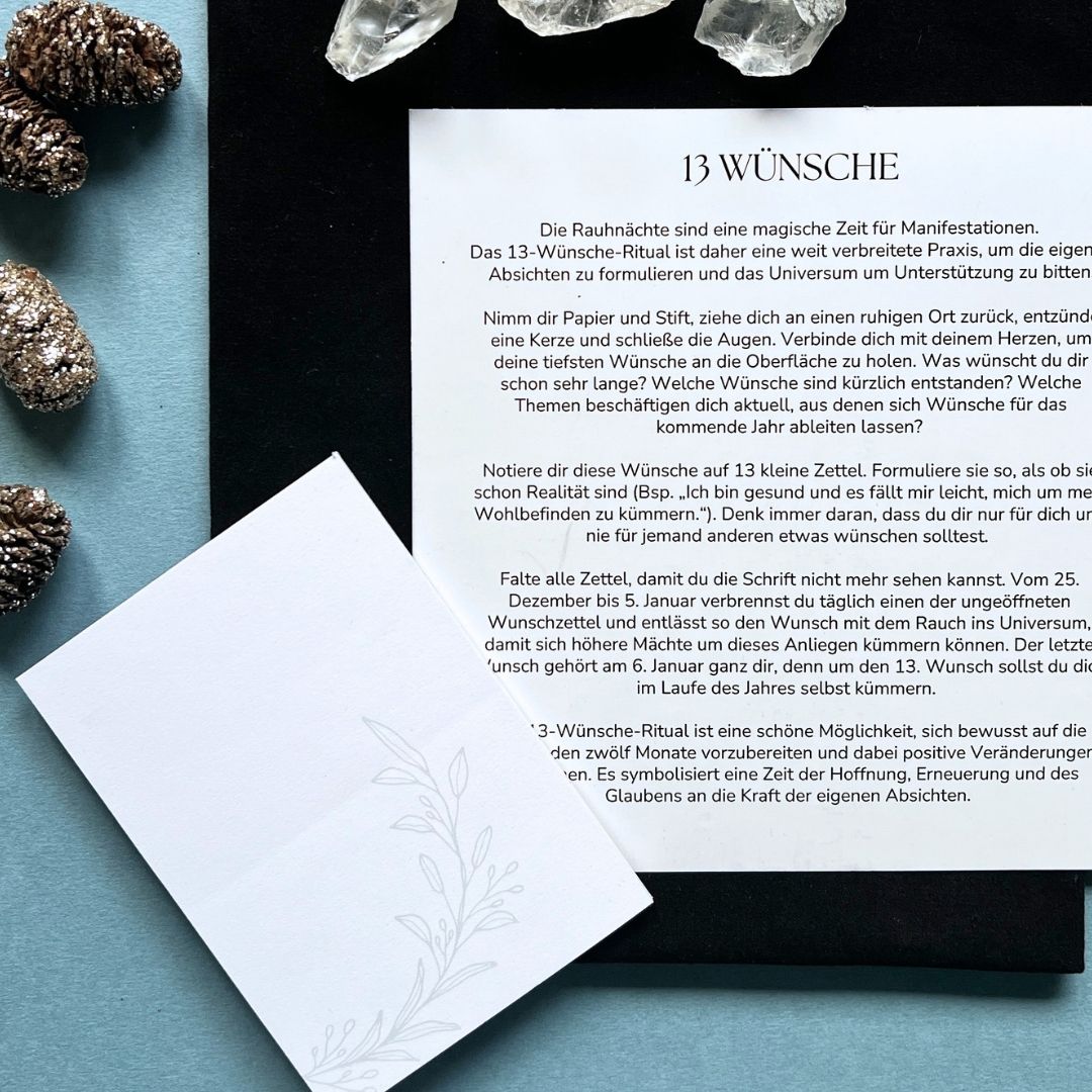 Rauhnächte 13 Wünsche Ritual | Anleitung Bergkristall zum Manifestieren 13 Zettel | Geschenkverpackung aus Samt