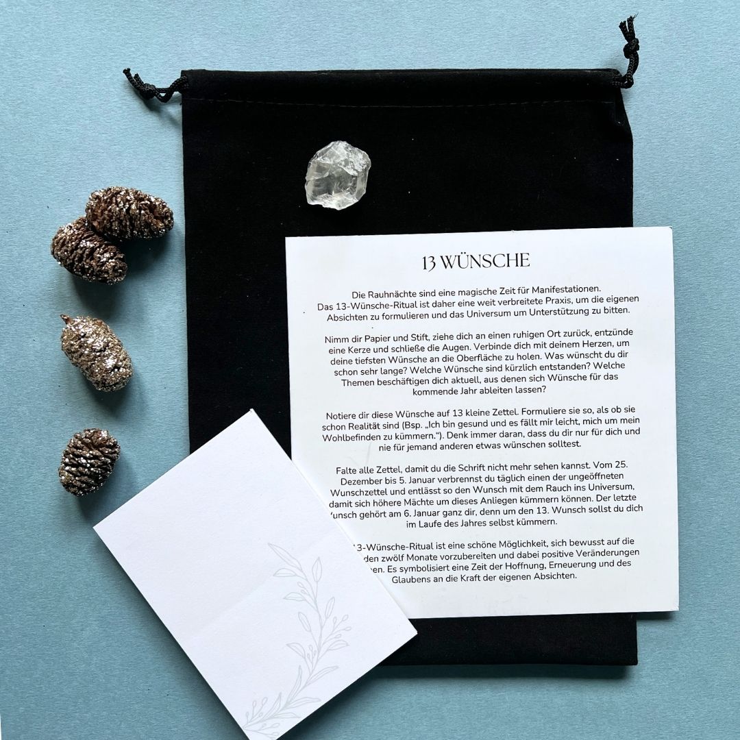 Rauhnächte 13 Wünsche Ritual | Anleitung Bergkristall zum Manifestieren 13 Zettel | Geschenkverpackung aus Samt