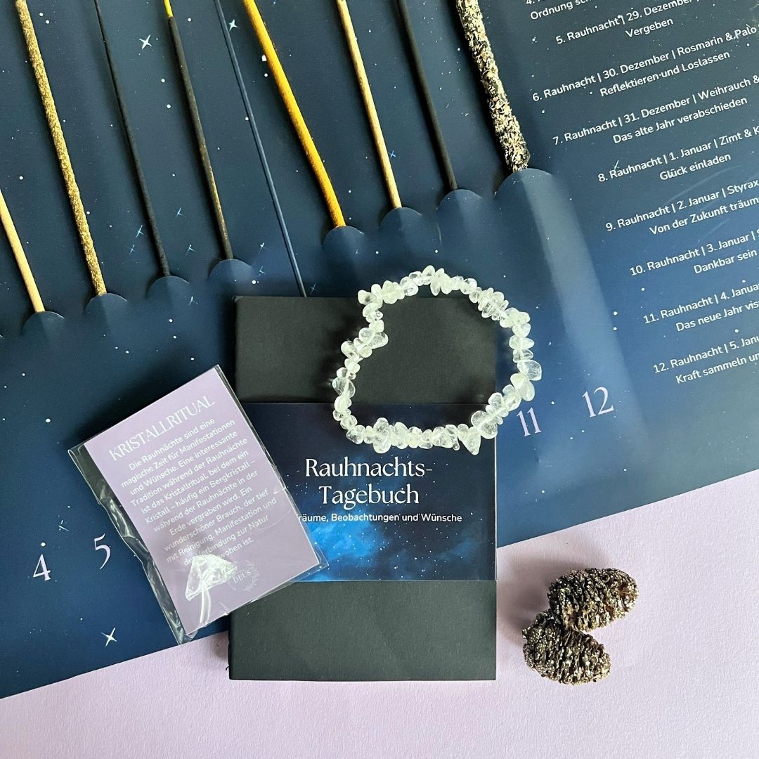 Rauhnächte Räucherstäbchen Geschenk-Set | 12 Räucher-Stäbchen | Rauhnachts-Tagebuch | Bergkristall Armband Geschenkverpackung