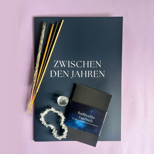 Rauhnächte Räucherstäbchen Geschenk-Set | 12 Räucher-Stäbchen | Rauhnachts-Tagebuch | Bergkristall Armband Geschenkverpackung