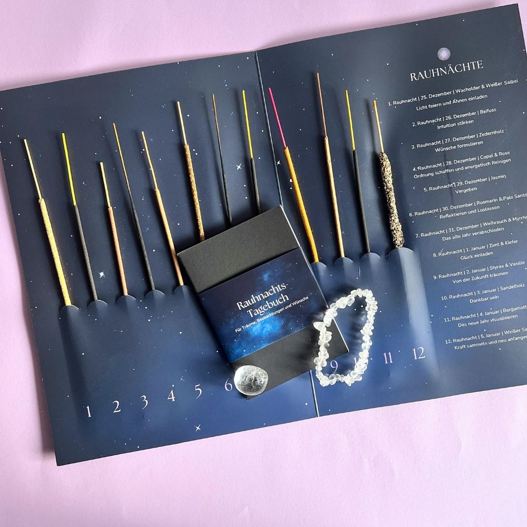 Rauhnächte Räucherstäbchen Geschenk-Set | 12 Räucher-Stäbchen | Rauhnachts-Tagebuch | Bergkristall Armband Geschenkverpackung
