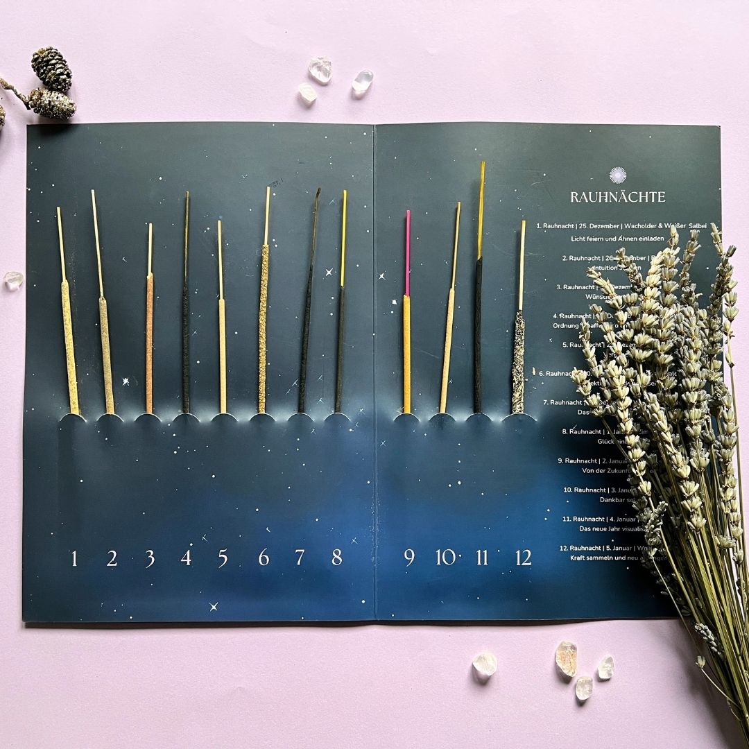 Rauhnächte Räucherstäbchen Set | 12 Räucher-Stäbchen mit Beschreibung | Weihrauch Lavendel Smudge-Räucherstäbchen Ritual Geschenkverpackung