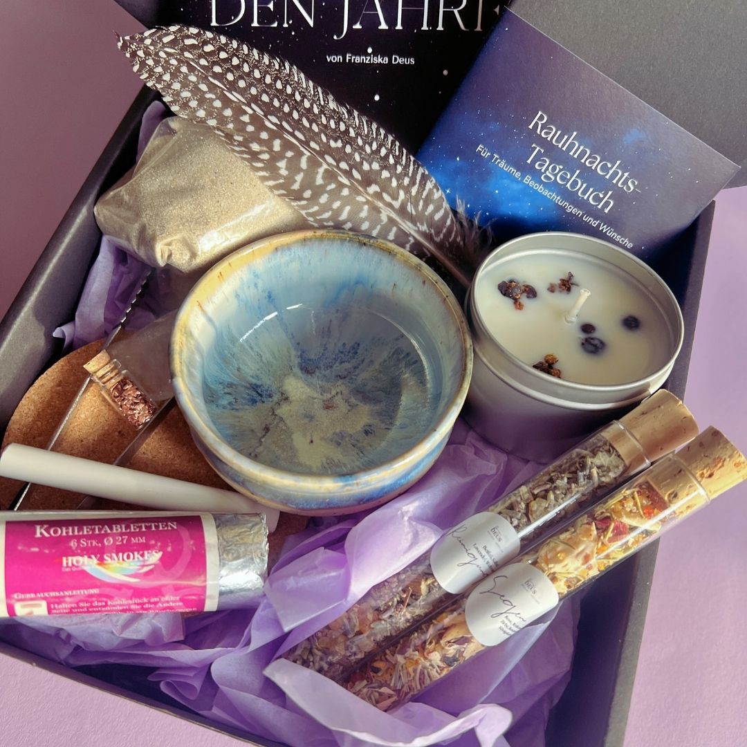 Großes Rauhnächte Ritual Set | Räucherwerk Rauhnacht Räuchermischung mit Duftkerze, Zubehör und Anleitung